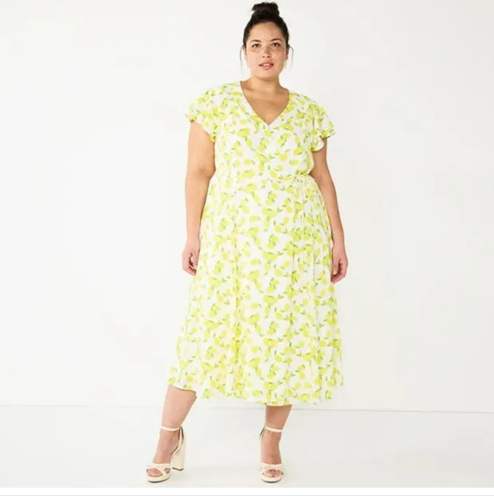 New Draper James RSVP White Yellow Lemon Wrap Midi Dress Plus Size 2X